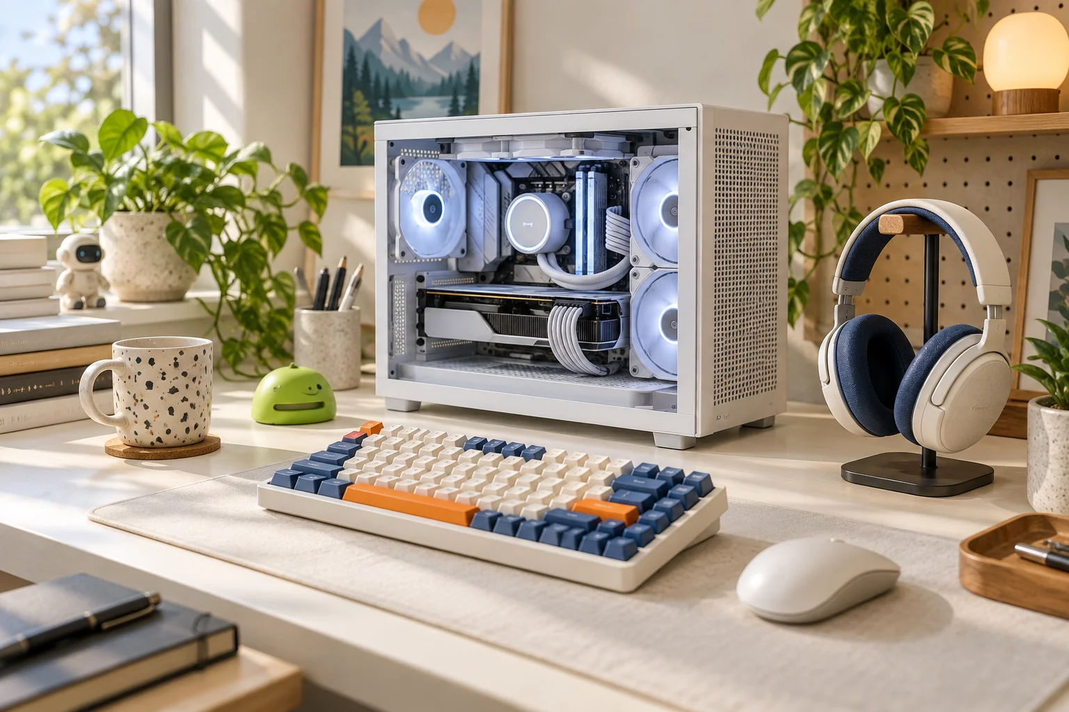 A bright PC workbench with a compact desktop, colorful keyboard, and headphones